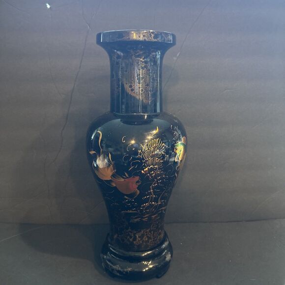 Asian Oriental Wood Lacquer Vases Fish Design Black & Golden  CHINESE HAND PAINTED WOODEN VASE BLACK LACQUER FINISH ~ FISH TANK SCENE